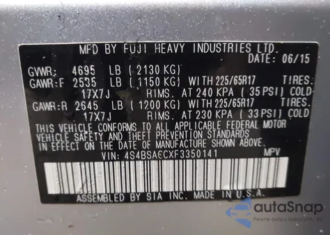 2015 Subaru Outback 2.5I Premium from USA, damaged, VIN 4S4BSACCXF3350141